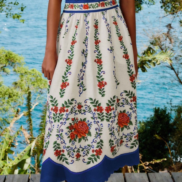 FARM Rio Dresses & Skirts - FARM Rio Cream Midi Skirt with Red Floral & Blue Trim